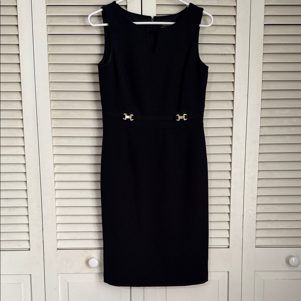 Tahari Black Sleeveless Midi Sheath Dress with Gold Hardware